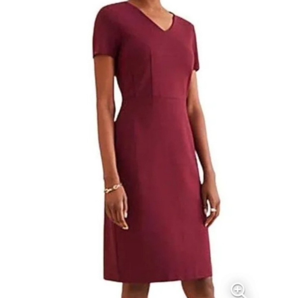 Ann Taylor Red Burgundy Sheath Midi Dress V-Neck Short Sleeve